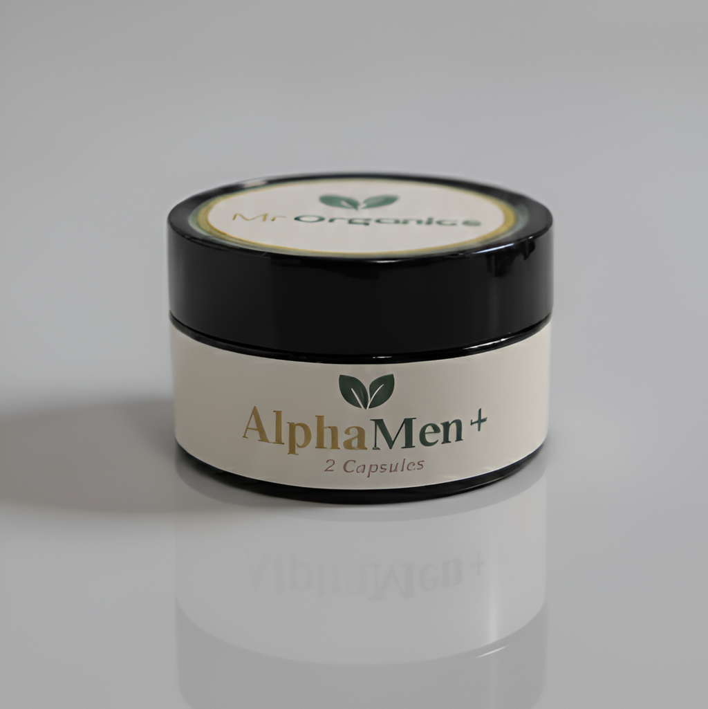 AlphaMen+ herbal capsules by Mr Organics for men’s vitality, stamina support, and overall male wellness, packaged in a small black jar with a natural organic label.
