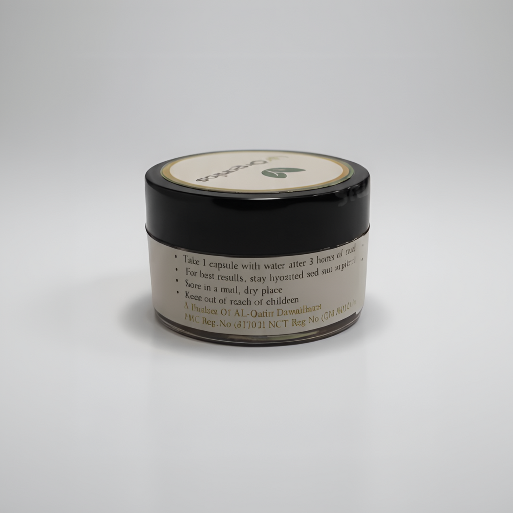 AlphaMen+ herbal capsules by Mr Organics for men’s vitality, stamina support, and overall male wellness, packaged in a small black jar with a natural organic label.