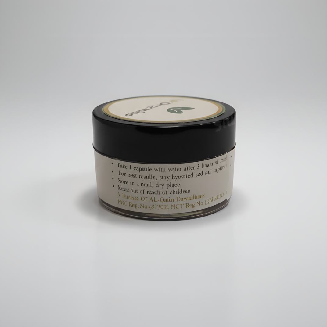 AlphaMen+ herbal capsules by Mr Organics for men’s vitality, stamina support, and overall male wellness, packaged in a small black jar with a natural organic label.