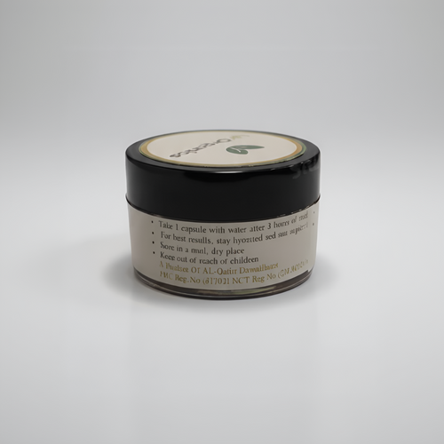 AlphaMen+ herbal capsules by Mr Organics for men’s vitality, stamina support, and overall male wellness, packaged in a small black jar with a natural organic label.