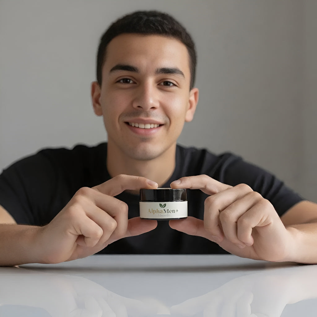 AlphaMen+ herbal capsules by Mr Organics for men’s vitality, stamina support, and overall male wellness, packaged in a small black jar with a natural organic label.