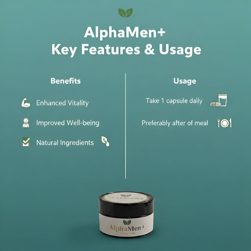 AlphaMen+ herbal capsules by Mr Organics for men’s vitality, stamina support, and overall male wellness, packaged in a small black jar with a natural organic label.