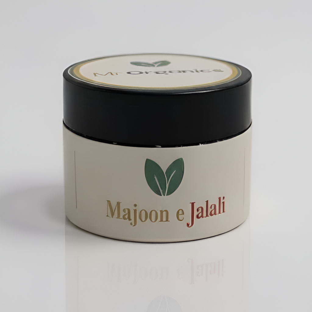 Majoon-e-Jalali herbal male vitality supplement by Mr Organics, traditional organic formula for stamina, strength, and men’s wellness in a compact jar.