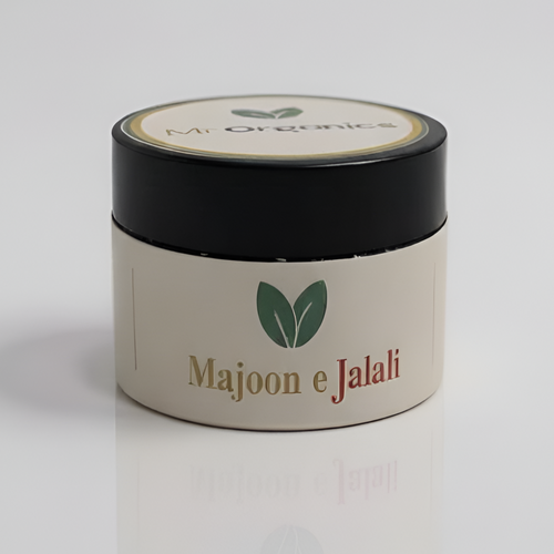 Majoon-e-Jalali herbal male vitality supplement by Mr Organics, traditional organic formula for stamina, strength, and men’s wellness in a compact jar.