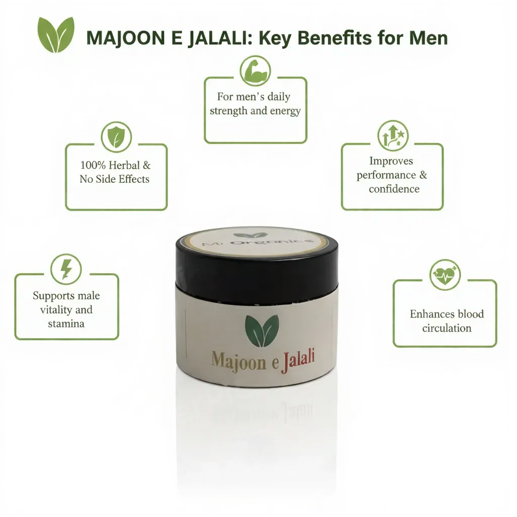Majoon-e-Jalali herbal male vitality supplement by Mr Organics, traditional organic formula for stamina, strength, and men’s wellness in a compact jar.