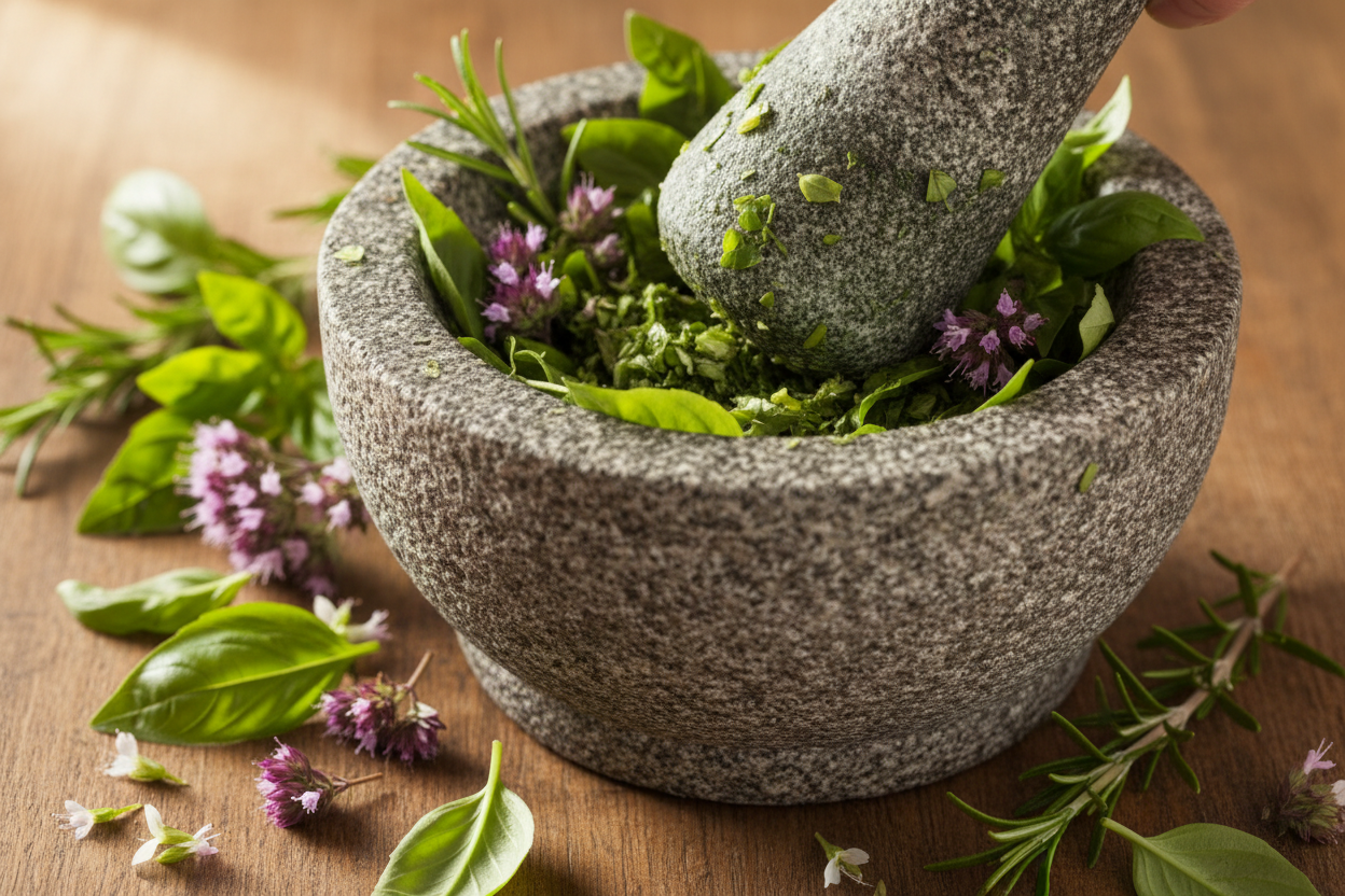 herbs and plants crushing in mortar and pestle